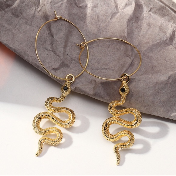 Exotic Gold Hanging Snake Hoop Earrings! - Picture 7 of 8